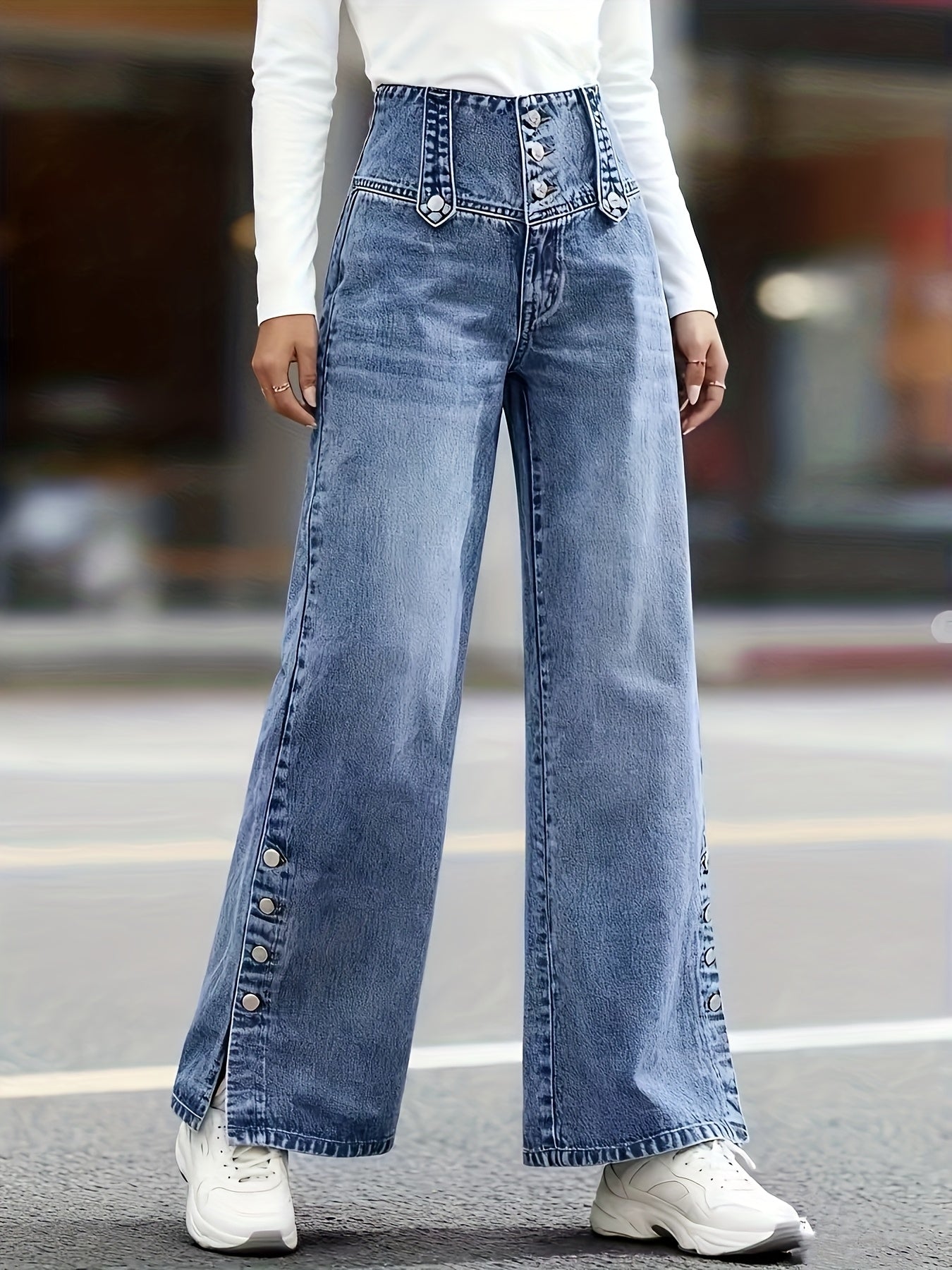 Women's High-Waist Jeans - Light Blue Button Detail detail view