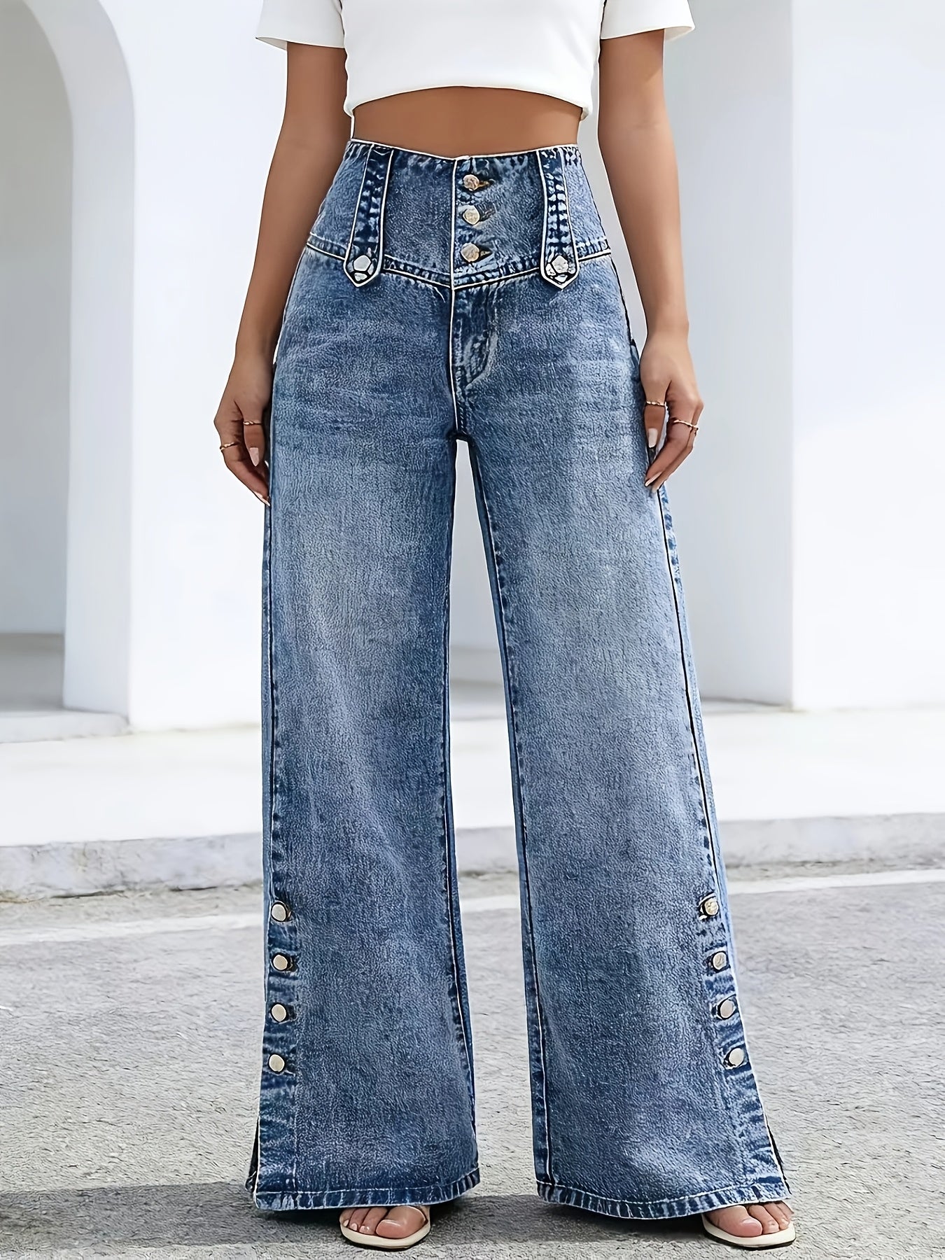 Women's High-Waist Jeans - Light Blue Button Detail detail view