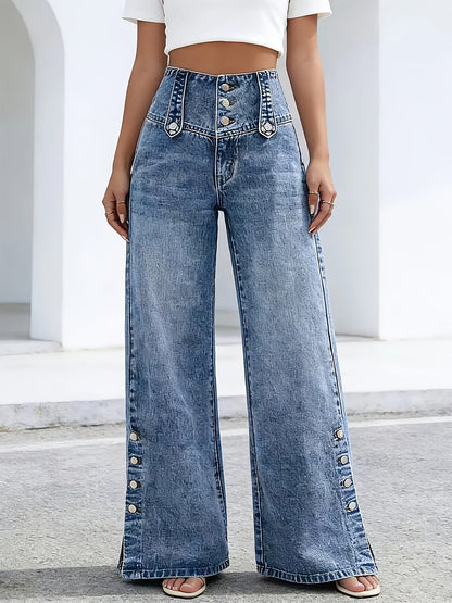 Women's High-Waist Jeans - Light Blue Button Detail detail view