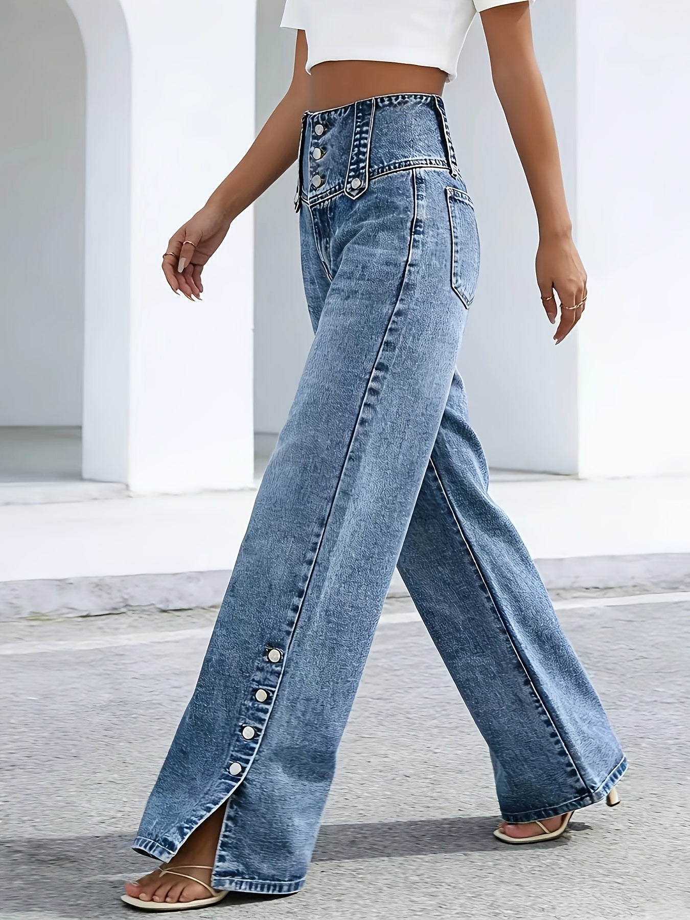 Women's High-Waist Jeans - Light Blue Button Detail detail view