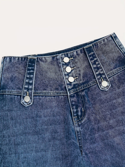 Women's High-Waist Jeans - Light Blue Button Detail detail view