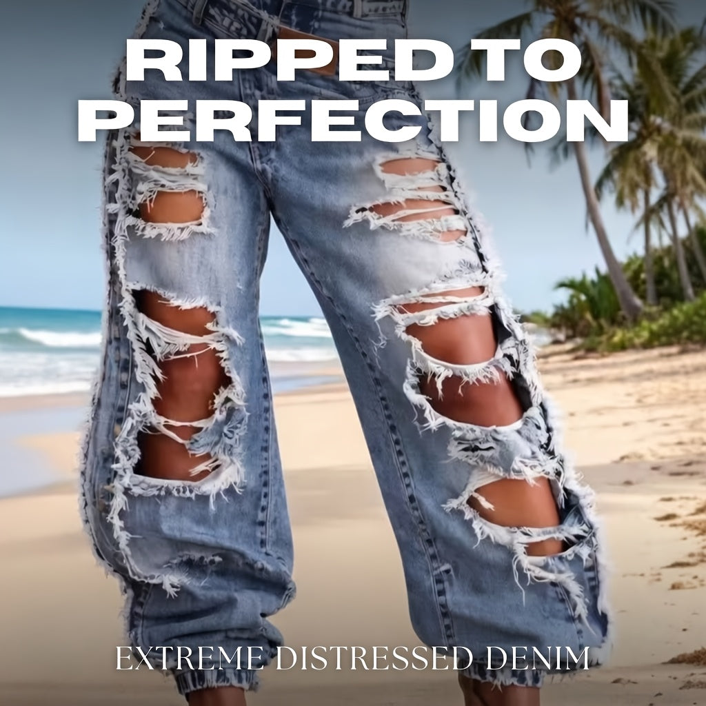 Women's High-Waist Jeans - Light Blue Distressed detail view