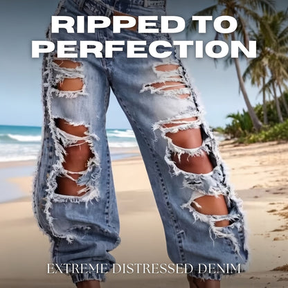 Women's High-Waist Jeans - Light Blue Distressed detail view