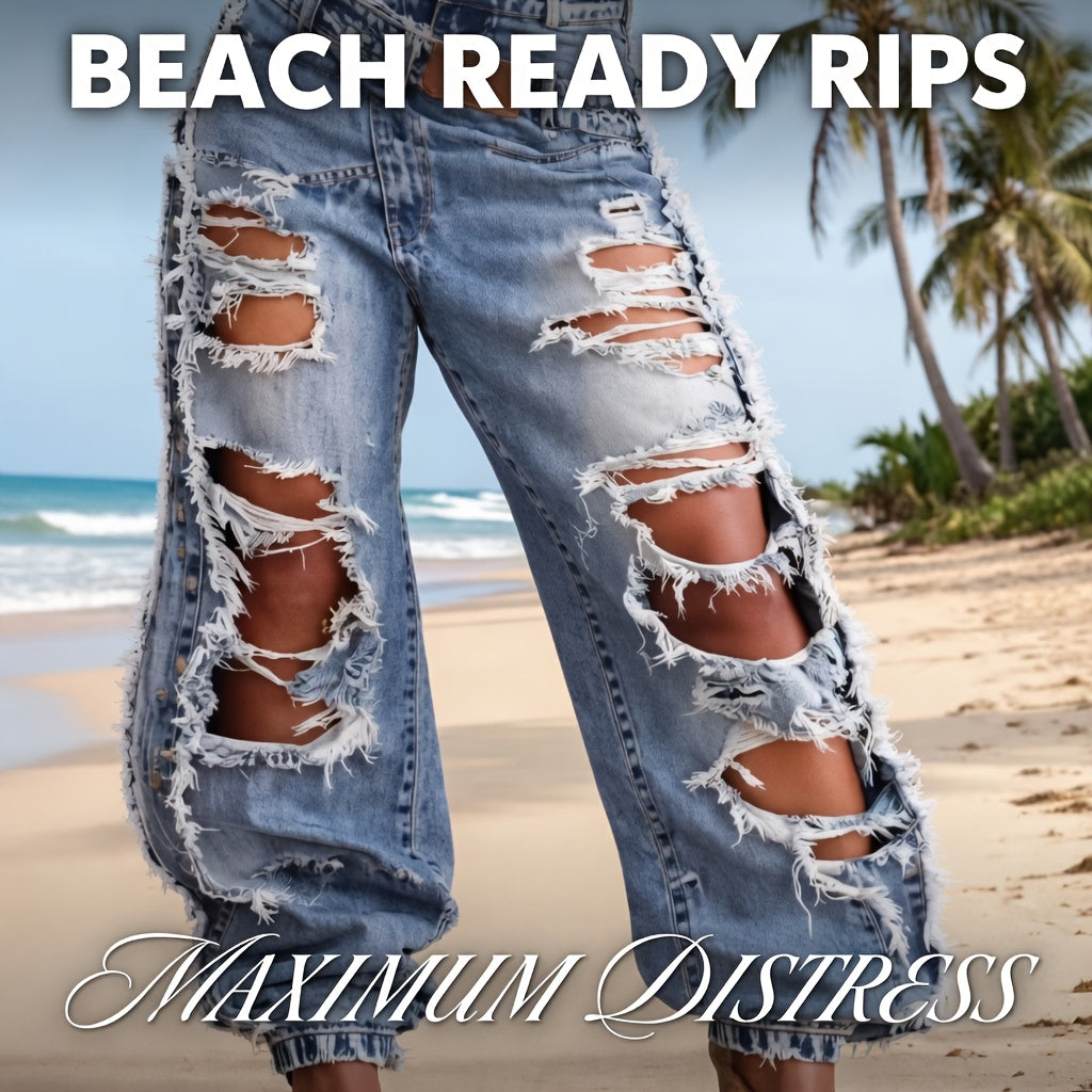 Women's High-Waist Jeans - Light Blue Distressed detail view