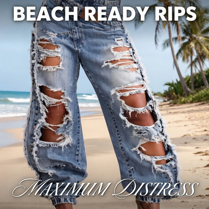 Women's High-Waist Jeans - Light Blue Distressed detail view