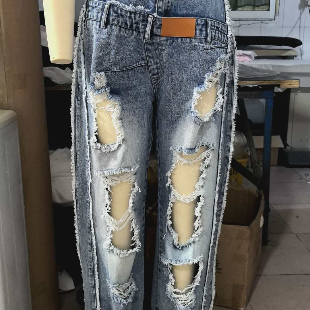 Women's High-Waist Jeans - Light Blue Distressed detail view