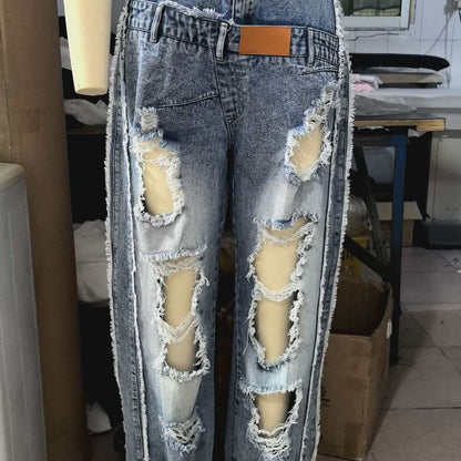 Women's High-Waist Jeans - Light Blue Distressed detail view