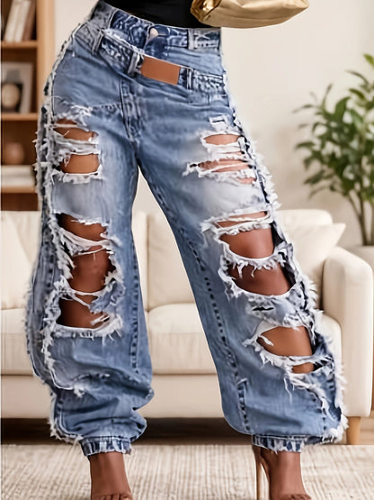 Women's High-Waist Jeans - Light Blue Distressed detail view
