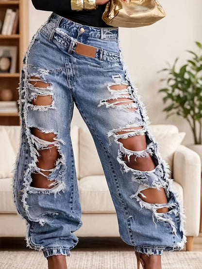 Women's High-Waist Jeans - Light Blue Distressed detail view