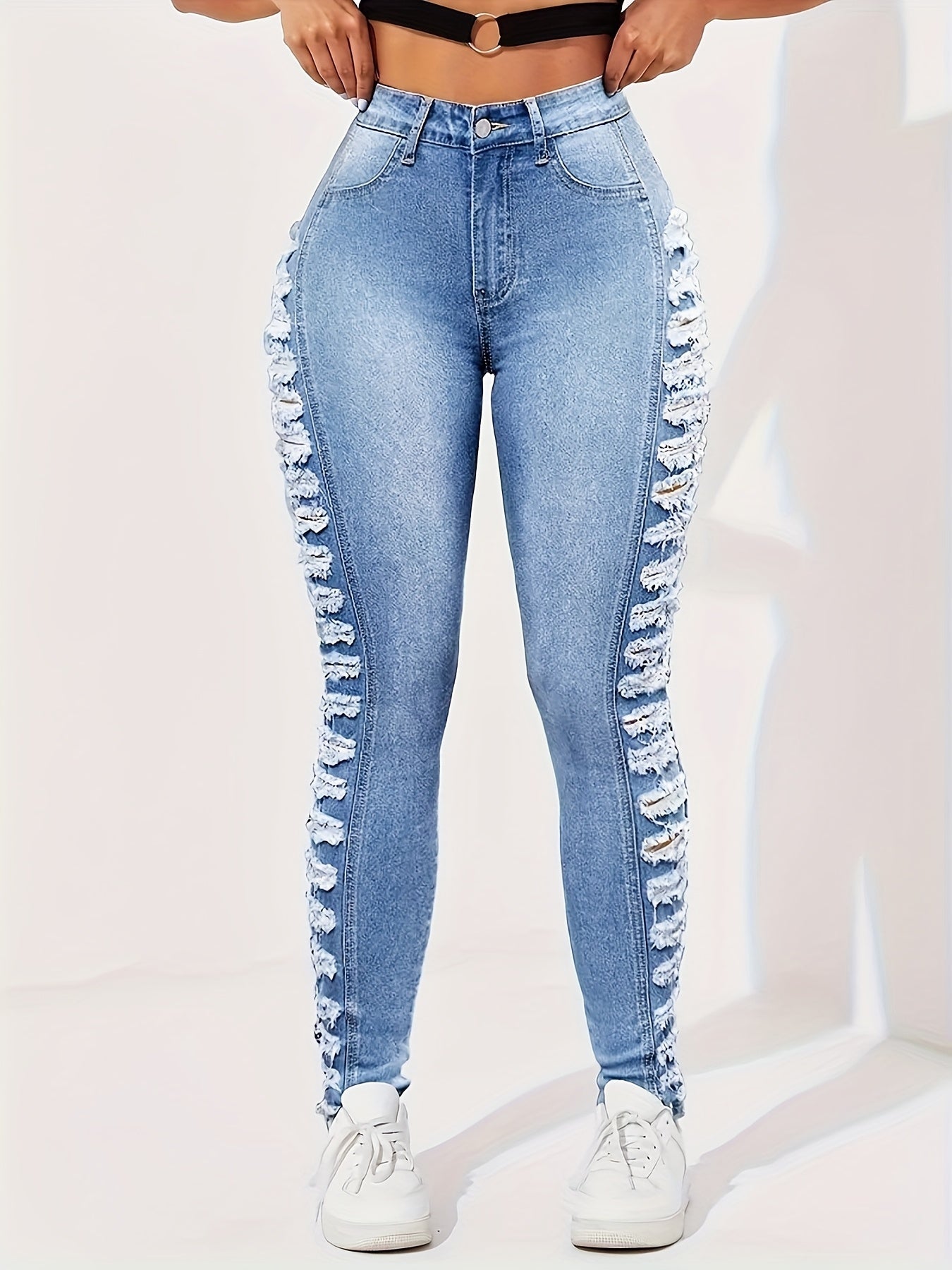 Women's High-Waist Jeans - Light Blue Distressed Stretch – Blue option – main product image
