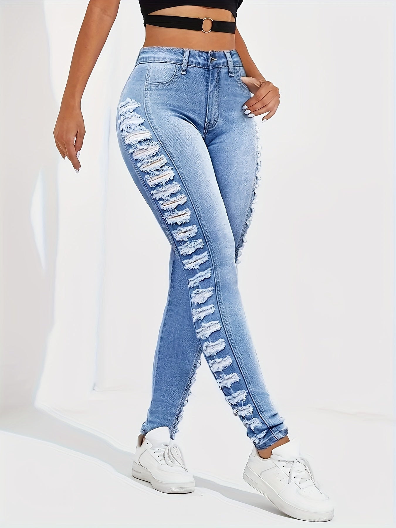 Women's High-Waist Jeans - Light Blue Distressed Stretch detail view
