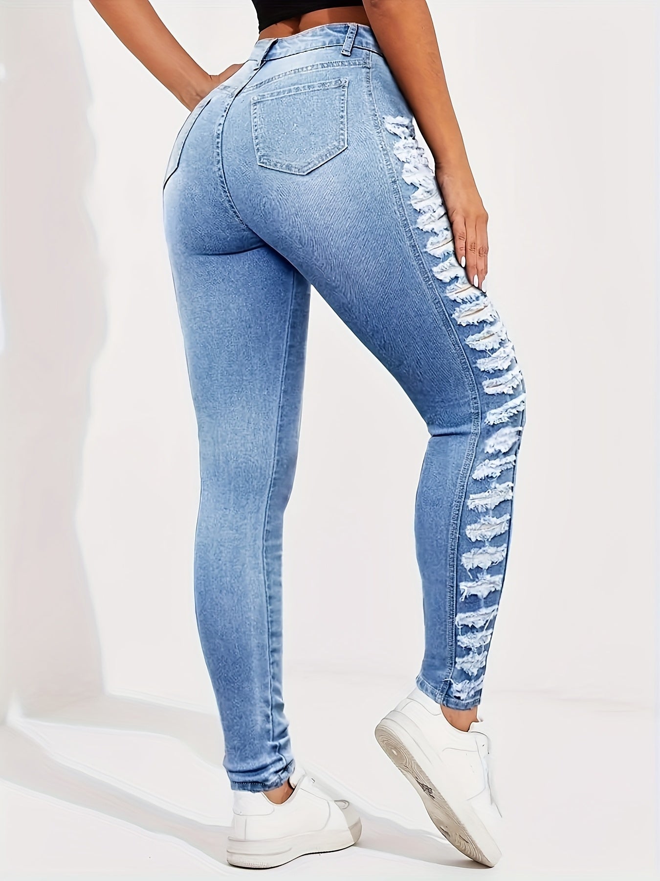 Women's High-Waist Jeans - Light Blue Distressed Stretch detail view