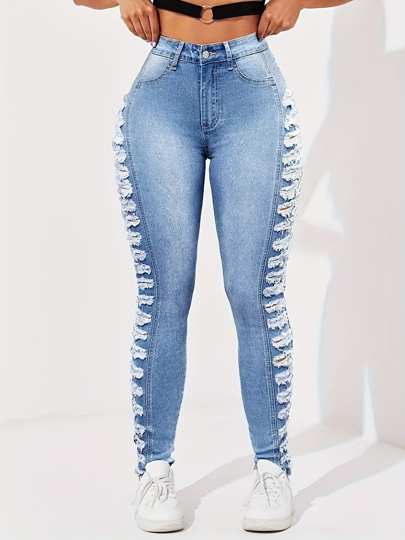 Women's High-Waist Jeans - Light Blue Distressed Stretch detail view