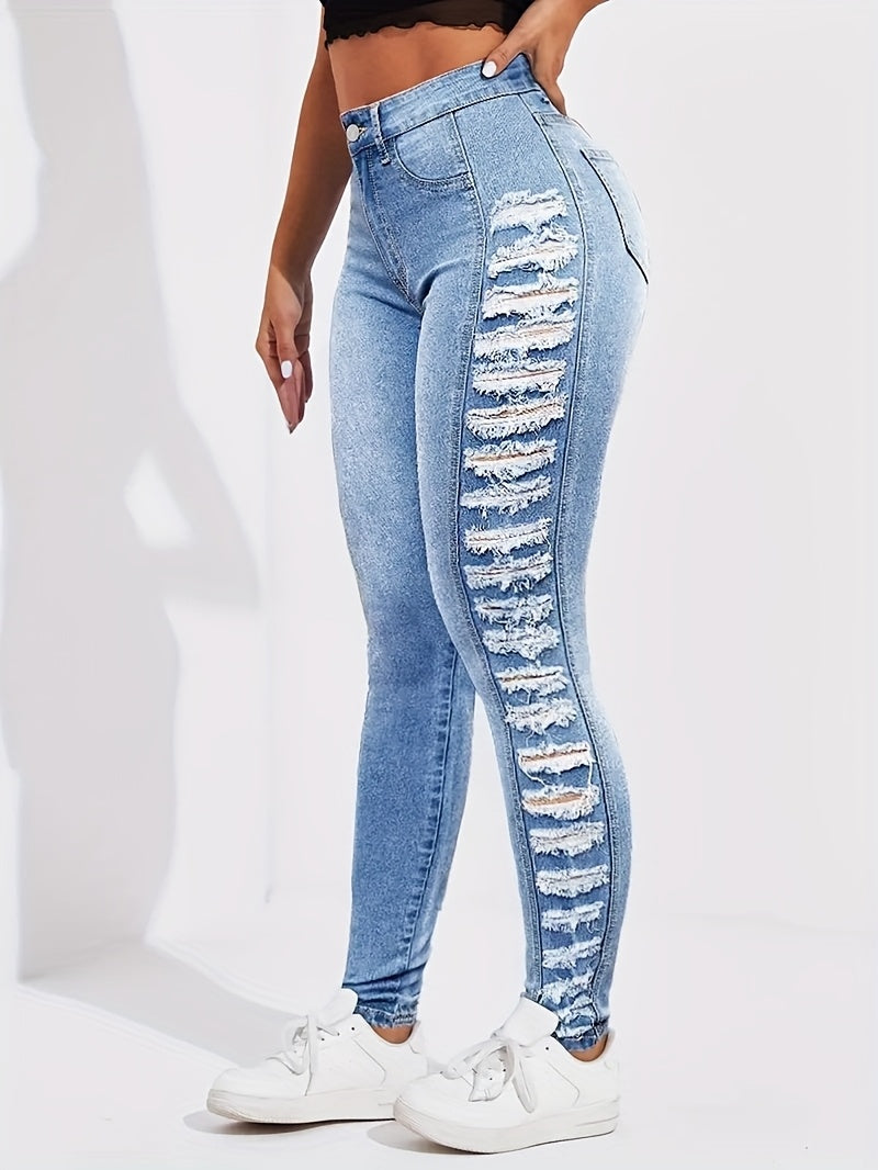 Women's High-Waist Jeans - Light Blue Distressed Stretch detail view