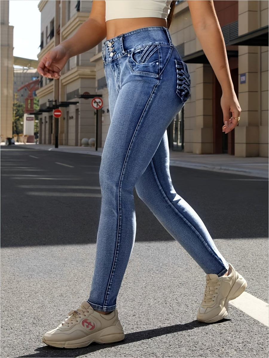Women's High-Waist Jeans - Medium Blue Pocket Detail detail view