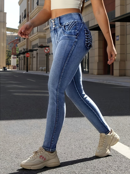 Women's High-Waist Jeans - Medium Blue Pocket Detail detail view
