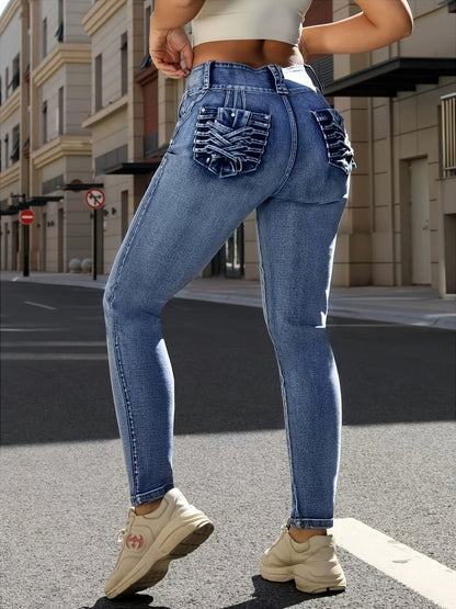 Women's High-Waist Jeans - Medium Blue Pocket Detail detail view