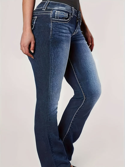 Women's High-Waist Jeans - Sea Blue Embroidered Stretch – view 9