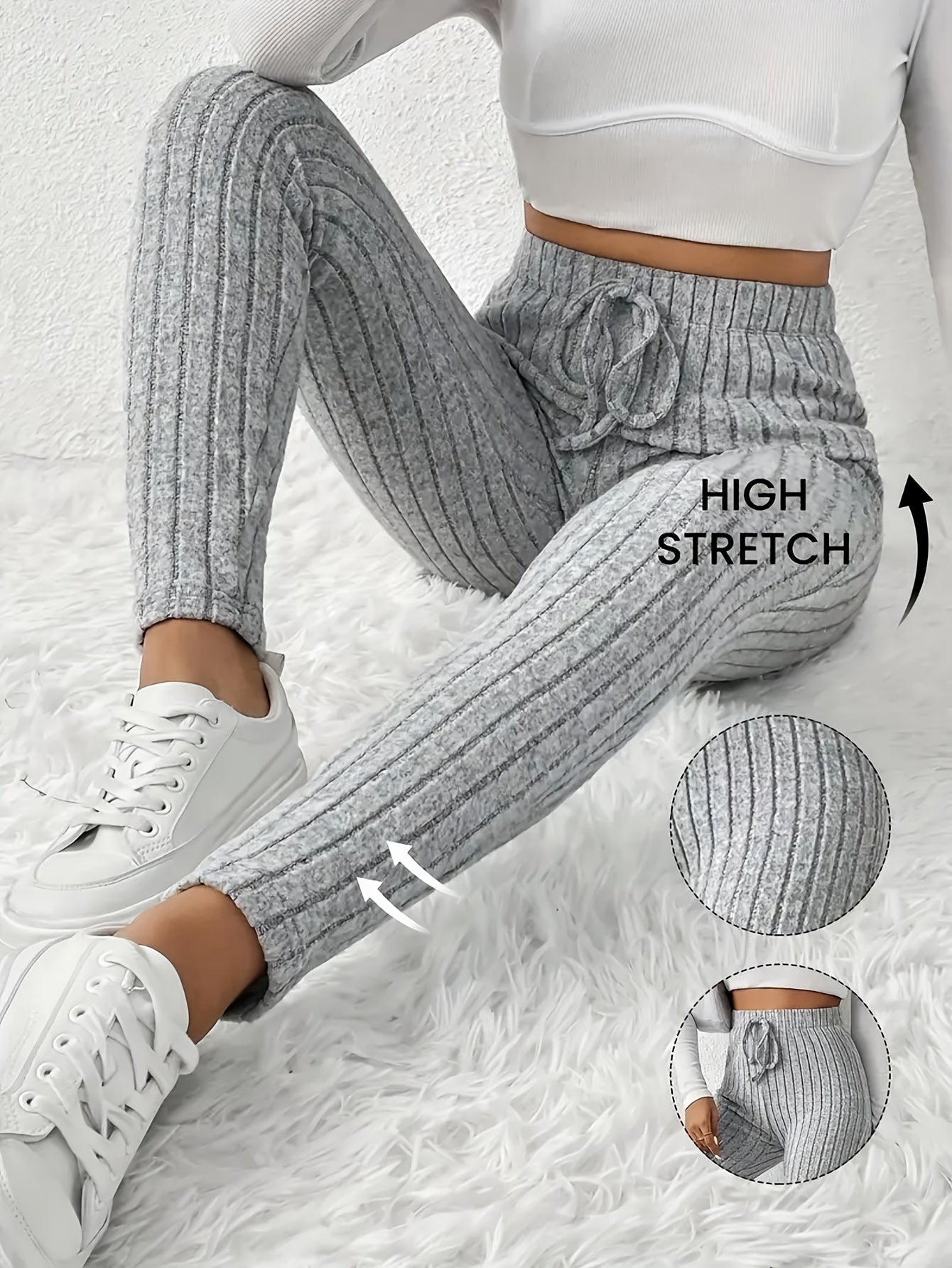 Women's High-Waist Ribbed Leggings - Drawstring Detail detail view