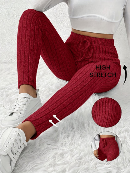 Women's High-Waist Ribbed Leggings - Drawstring Detail – Pink option – view 3
