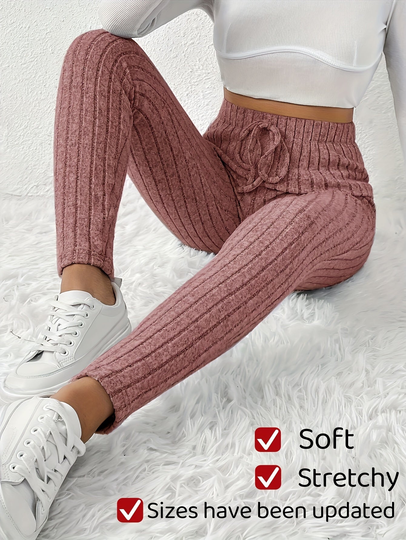 Women's High-Waist Ribbed Leggings - Drawstring Detail – Pink option – view 4