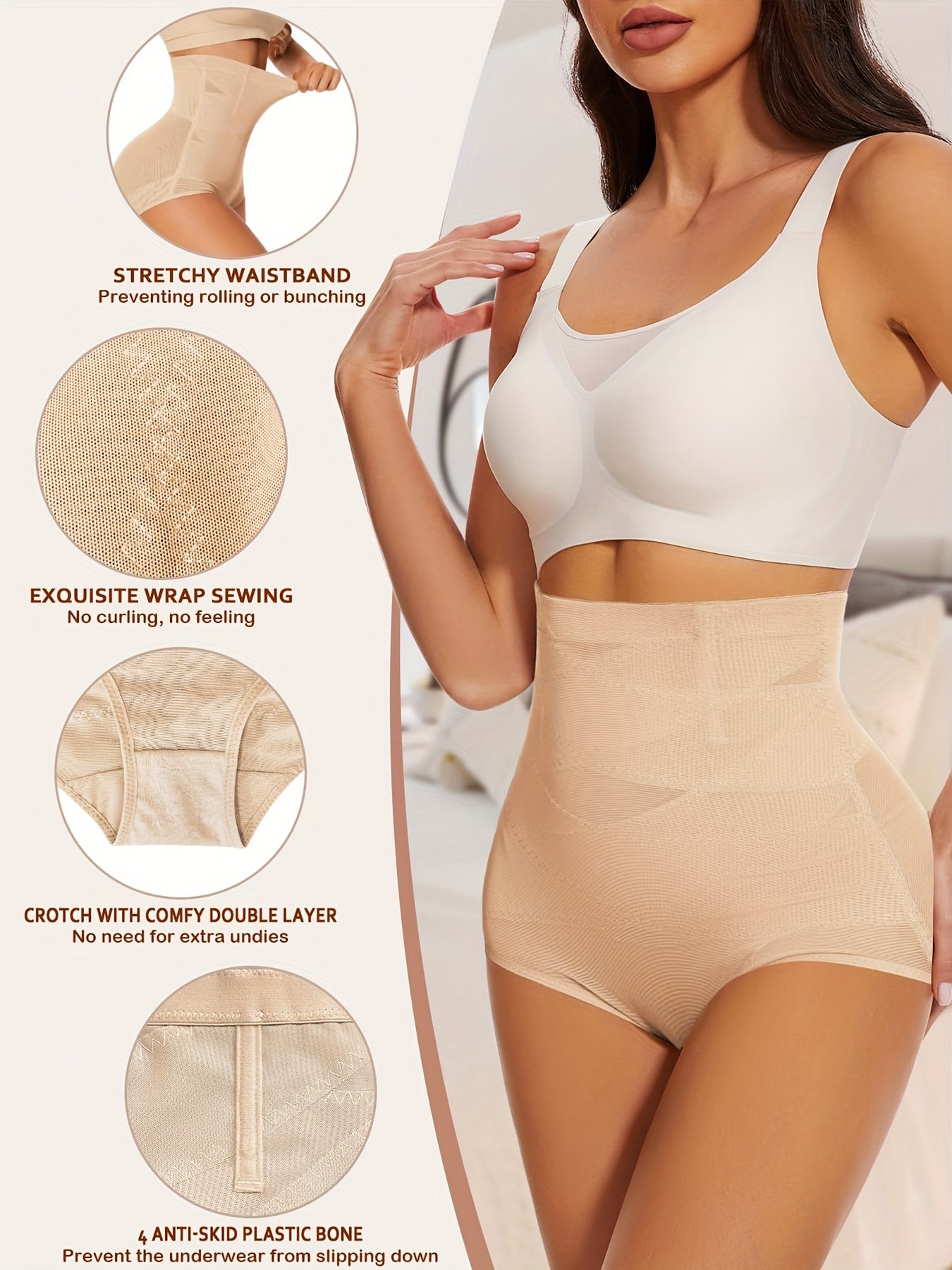 Women's High-Waist Shapewear Briefs - Butt Lift Plus Size Body Smoothing, Apricot – view 10