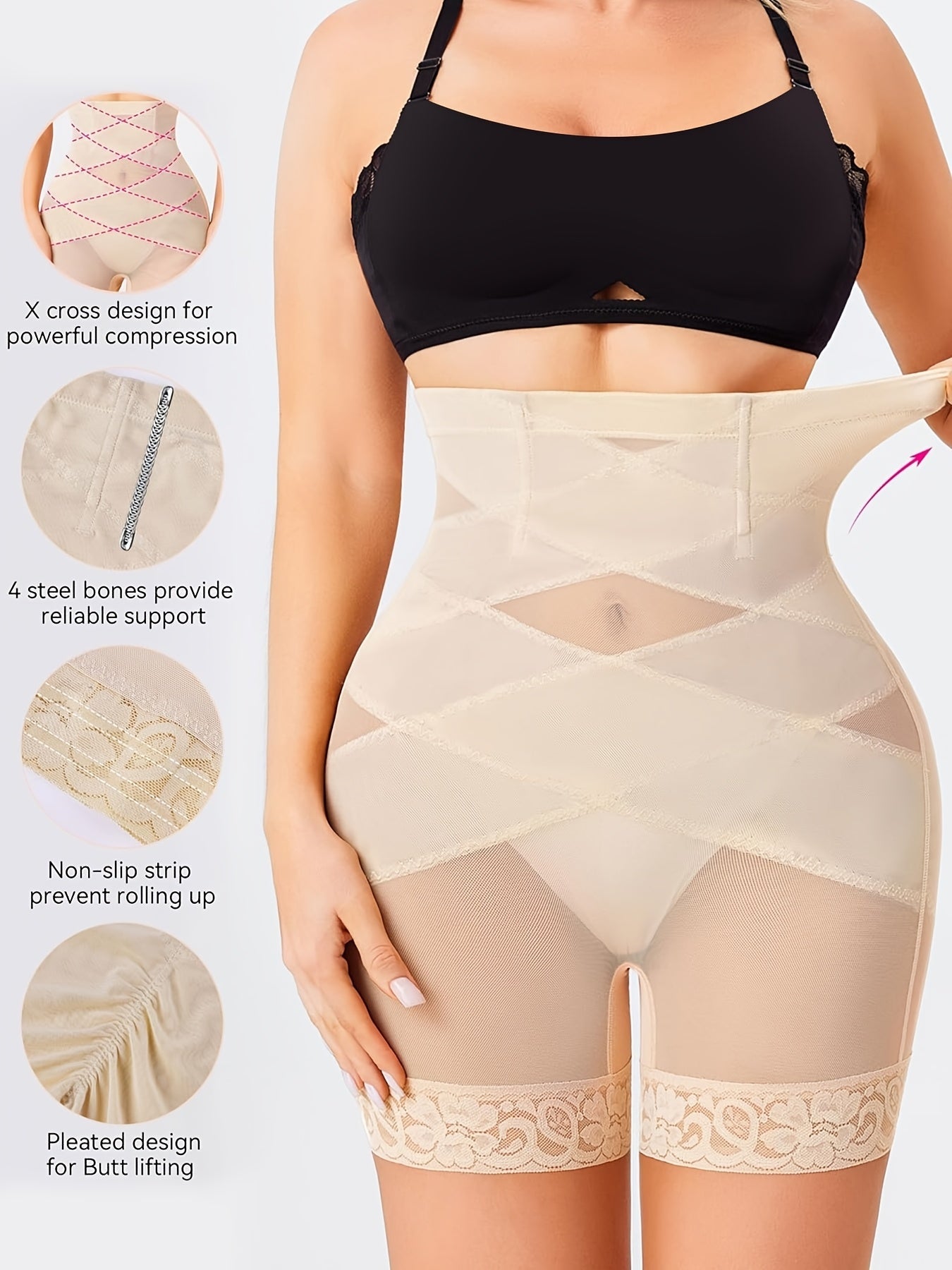 Women’s High-Waist Shapewear Shorts - Tummy Control Support – Apricot / Black detail view