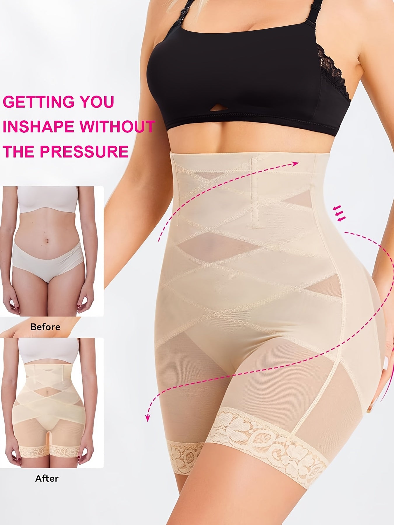 Women’s High-Waist Shapewear Shorts - Tummy Control Support – Apricot / Black detail view