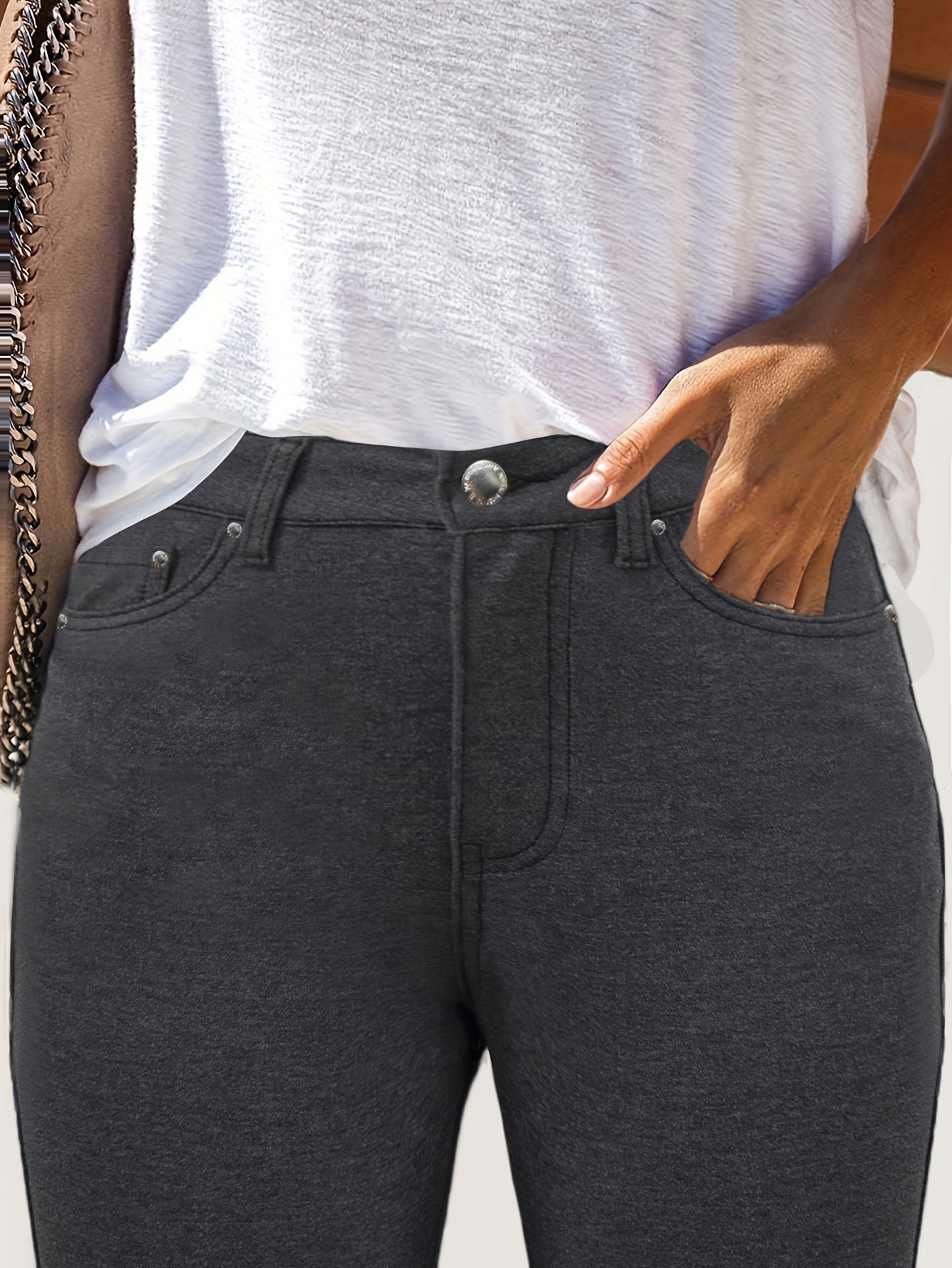 Women's High-Waist Skinny Jeans - Black Button Detail Stretch detail view