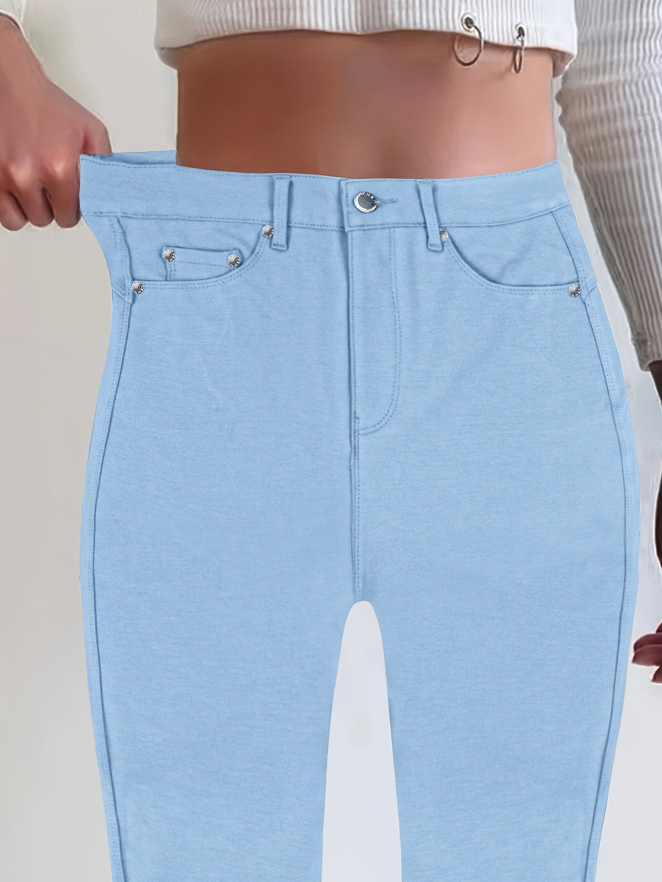 Women's High-Waist Skinny Jeans - Black Button Detail Stretch detail view