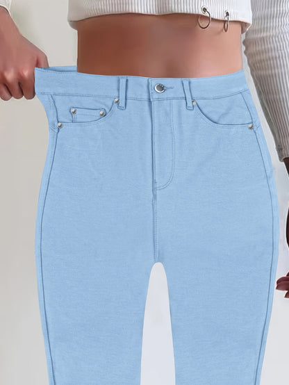 Women's High-Waist Skinny Jeans - Black Button Detail Stretch detail view