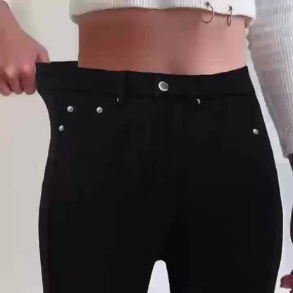 Women's High-Waist Skinny Jeans - Black Dark Wash Button Detail detail view