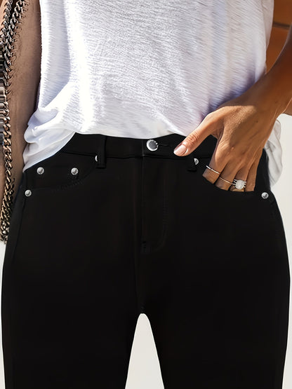 Women's High-Waist Skinny Jeans - Black Dark Wash Button Detail detail view