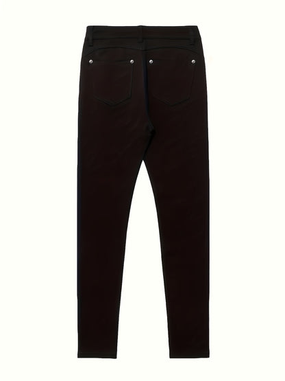 Women's High-Waist Skinny Jeans - Black Dark Wash Button Detail detail view