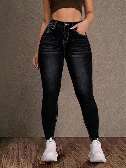 Women's High-Waist Skinny Jeans - Black Embroidered Stretch – 5-Variant Selection detail view