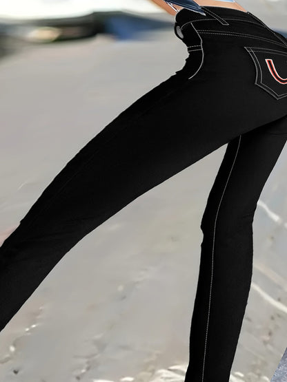 Women's High-Waist Skinny Jeans - Black Embroidered Stretch – Black / Dark Gray detail view
