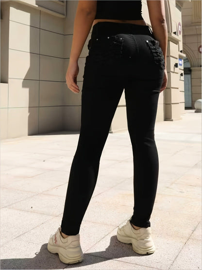 Women's High-Waist Skinny Jeans - Black Pocket Detail detail view