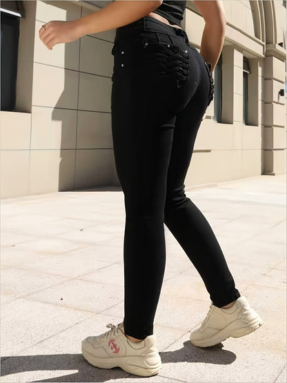 Women's High-Waist Skinny Jeans - Black Pocket Detail detail view