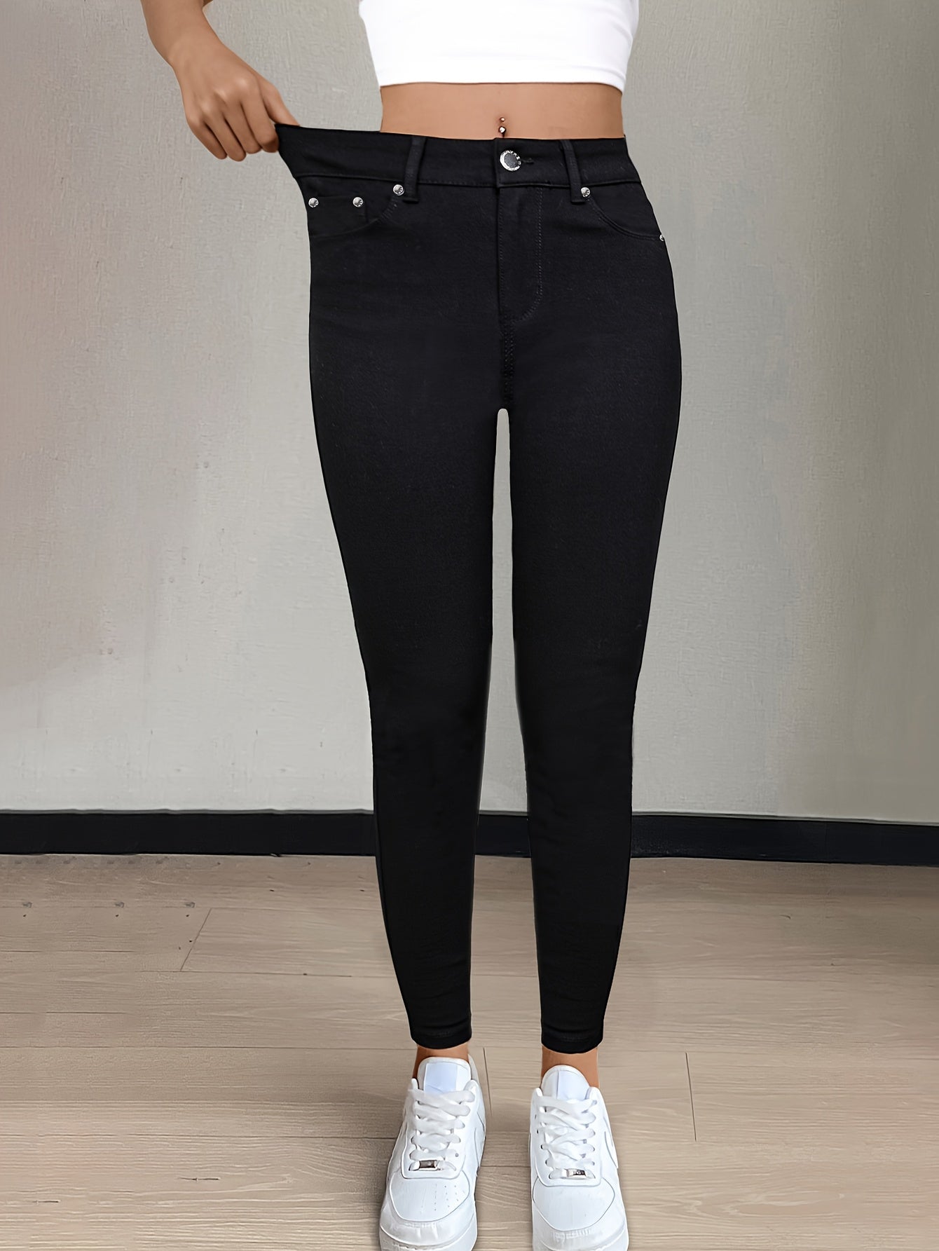 Women's High-Waist Skinny Jeans - Black Pocket Detail Stretch Casual – Black option – view 4