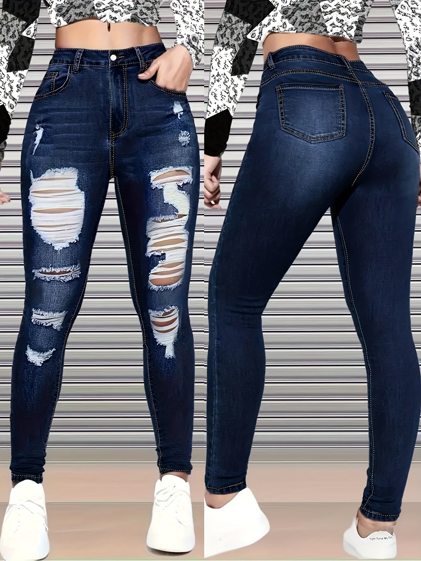 Women's High-Waist Skinny Jeans - Blue Distressed Stretch detail view