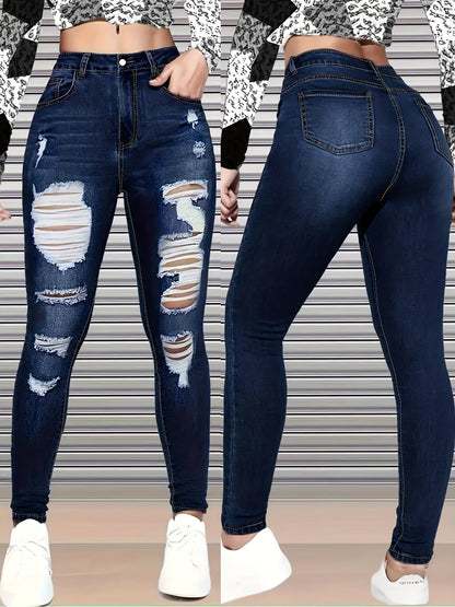 Women's High-Waist Skinny Jeans - Blue Distressed Stretch detail view