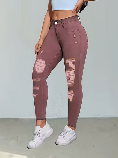 Women's High-Waist Skinny Jeans - Blue Distressed Stretch detail view