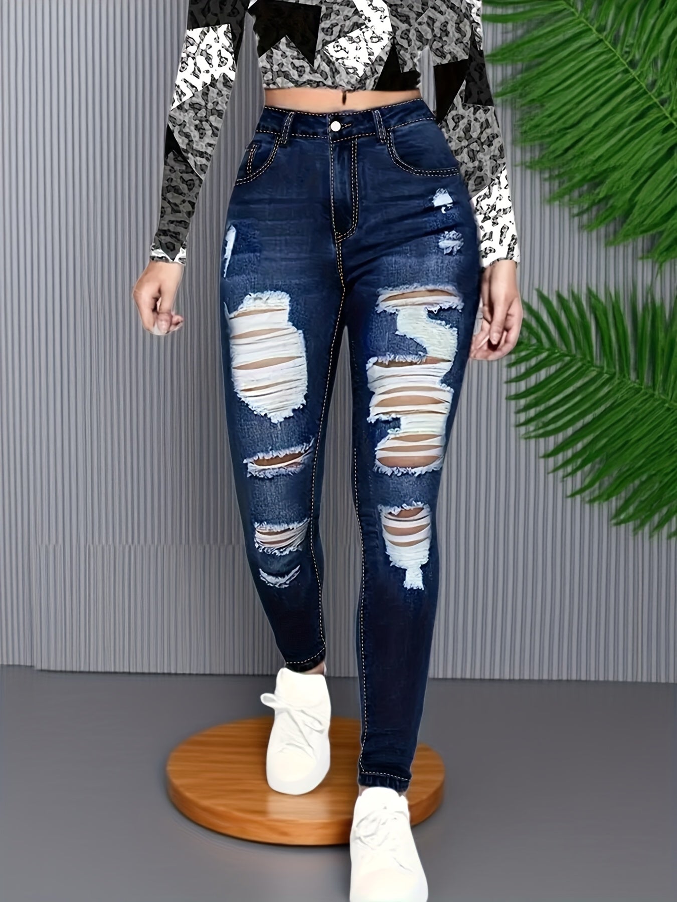 Women's High-Waist Skinny Jeans - Blue Distressed Stretch detail view