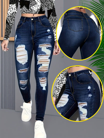 Women's High-Waist Skinny Jeans - Blue Distressed Stretch detail view