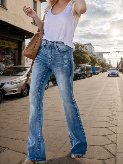 Women's High-Waist Skinny Jeans - Bright Steel Blue Distressed detail view