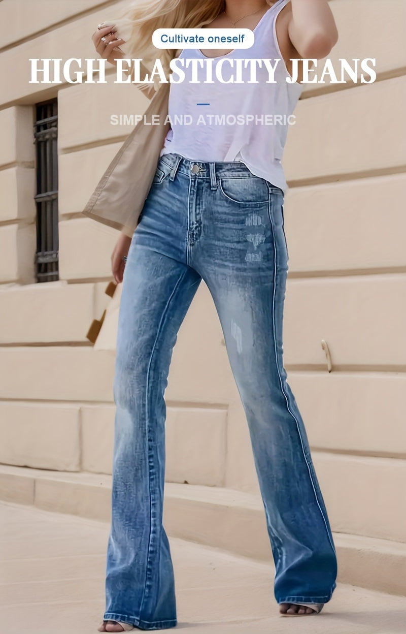 Women's High-Waist Skinny Jeans - Bright Steel Blue Distressed detail view