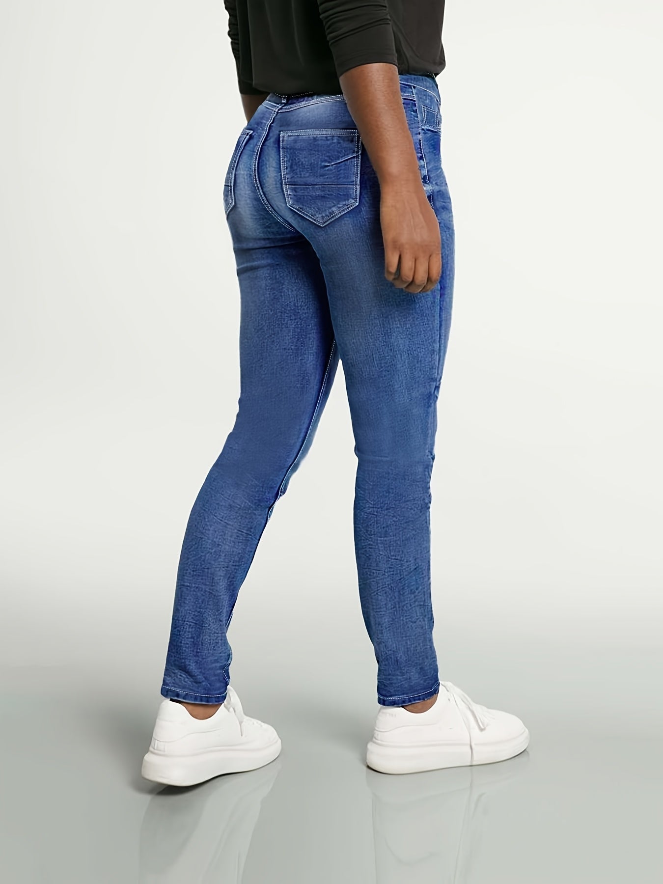 Women's High-Waist Skinny Jeans - Bright Steel Blue Vintage Wash Distressed detail view