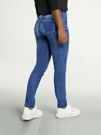 Women's High-Waist Skinny Jeans - Bright Steel Blue Vintage Wash Distressed detail view