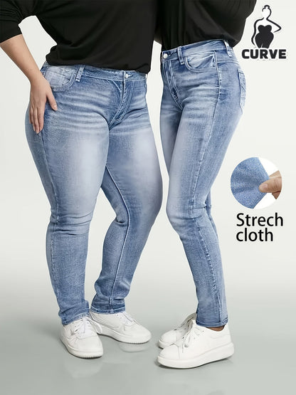 Women's High-Waist Skinny Jeans - Bright Steel Blue Vintage Wash Distressed detail view
