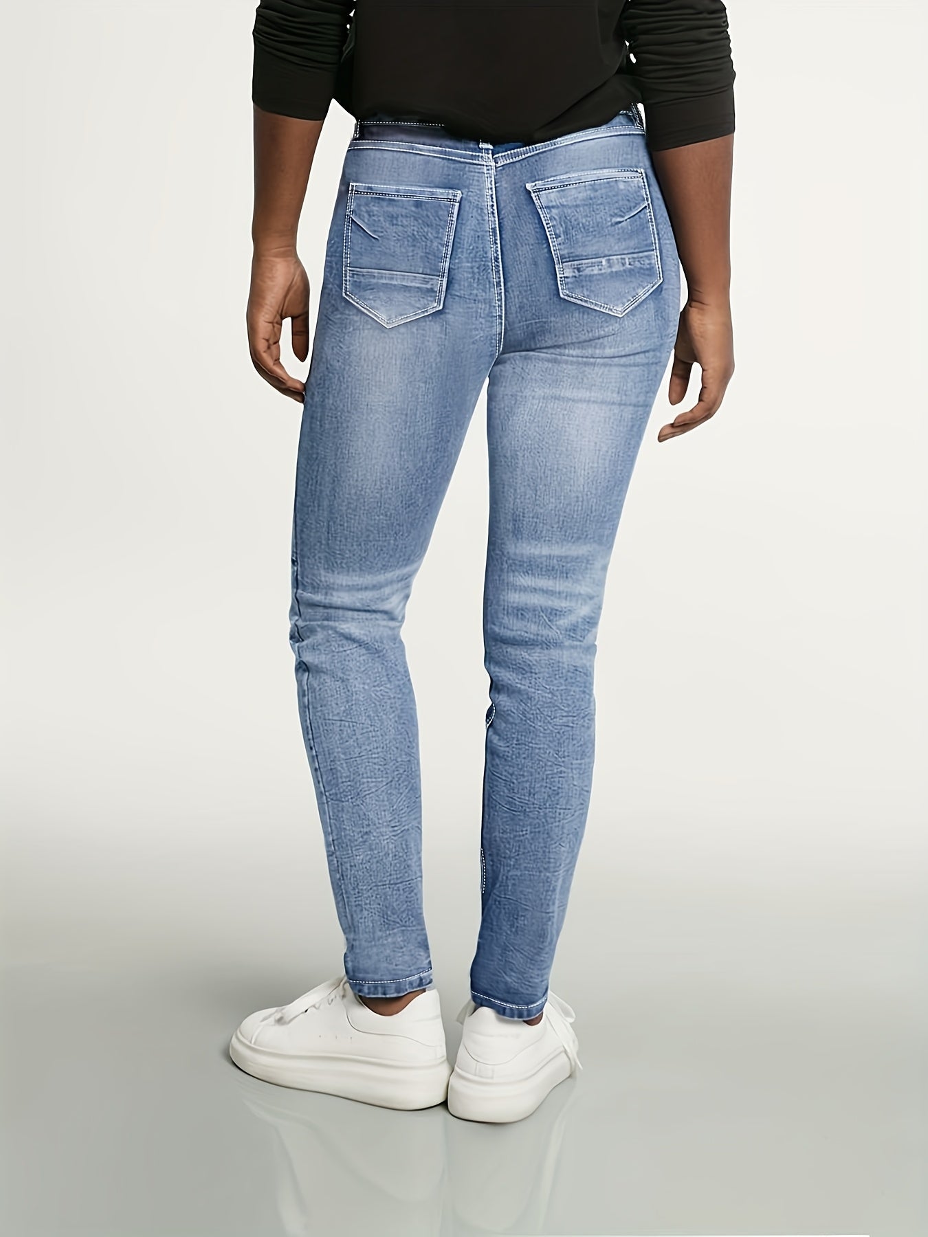Women's High-Waist Skinny Jeans - Bright Steel Blue Vintage Wash Distressed detail view